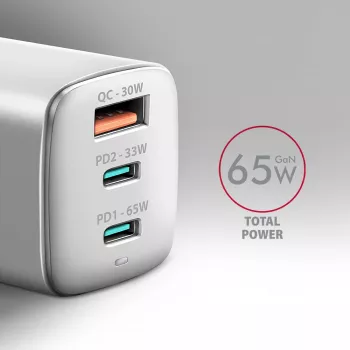 Axagon ACU-DPQ65W PD3.0 & QC4+ 3x IZEJAS sienas lādētājs 65W