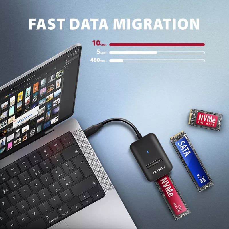 Axagon ADM2-CM USB-C adapter M.2 NVMe SATA 10Gbps Melns