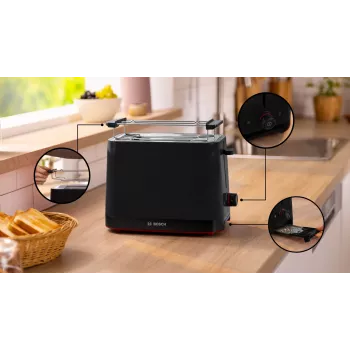 Toaster Bosch TAT3M123 2-durvju, 950 W, melns, rotācijas vadība, atkausēšana un uzsildīšana