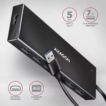 Axagon HUE-F7A 7x USB 3.2 Gen 1 ALU FLAT centrmezgls ar mikrobarošanas ieeju 1m USB-A USB 3.2 Gen 1 (3.1 Gen 1) Type-A 5000 Mbit/s Melns