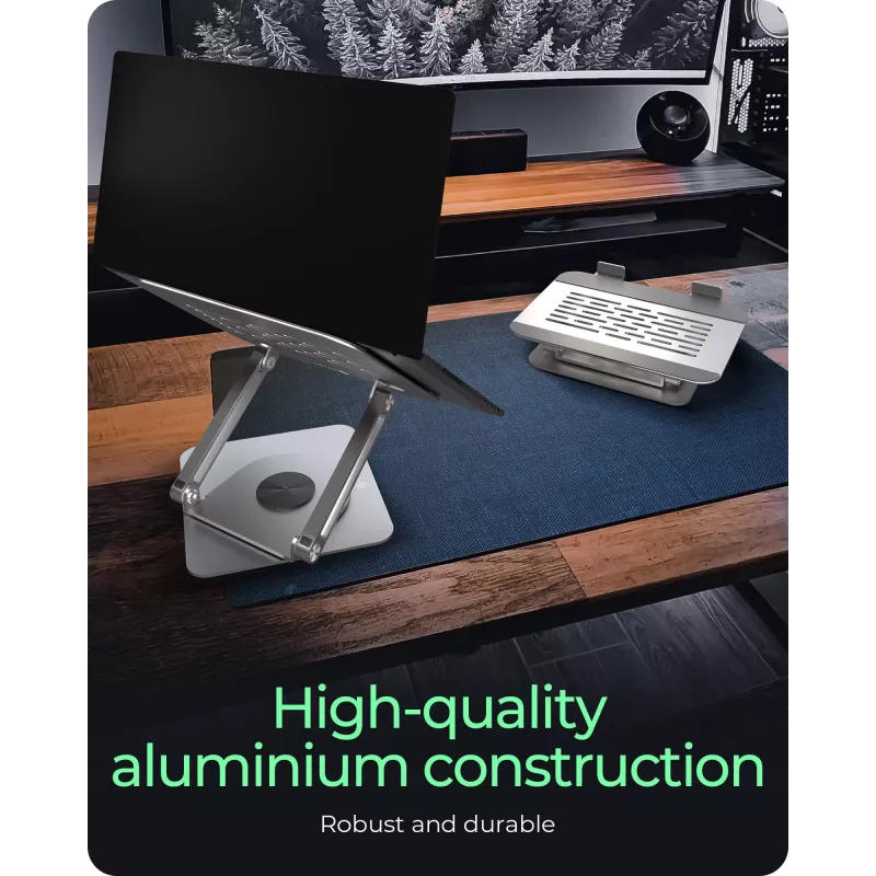 Pamatne klēpjdatoram RAIDSONIC IB-NH300-R, alumīnijs, sudrabs, 17 collām (43,2 cm), 360° rotācija, 280×230×550 mm