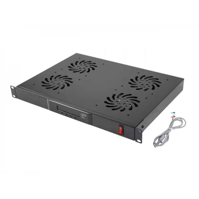 Ventilācijas panelis LANBERG AK-1503-B — 1U, 4 ventilatori, iebūvēts ventilators, ieslēgšanas/izslēgšanas slēdzis, 230 V, 76 W, 483×322×44.5 mm