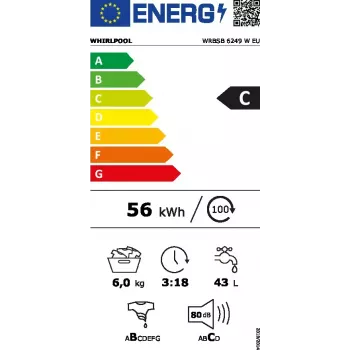 Veļas mašīna Whirlpool WRBSB 6249 W EU — priekšējā ielāde, 6 kg, 1151 apgr./min, C energoklase, balta