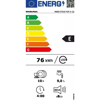 Iebūvējamā šaurā trauku mazgājamā mašīna WHIRLPOOL WSIO 3T223 PCE X — 10 komplekti, 43 dB, 45 cm