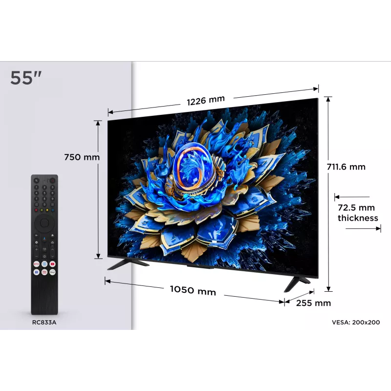 TCL 55T69C 55 collu QLED 4K Ultra HD televizors, Direct-LED, Google TV, HDR10+, 60Hz, Dolby Atmos, Wi‑Fi/Bluetooth