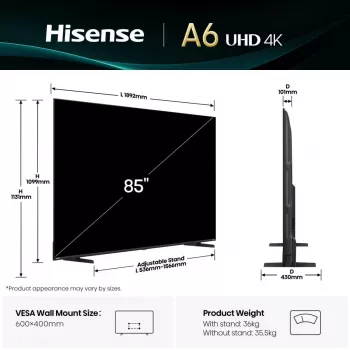 Hisense 85A6Q televizors 2,16 m (85 collas) 4K Ultra HD Smart TV Wi-Fi melns 400 cd/m²