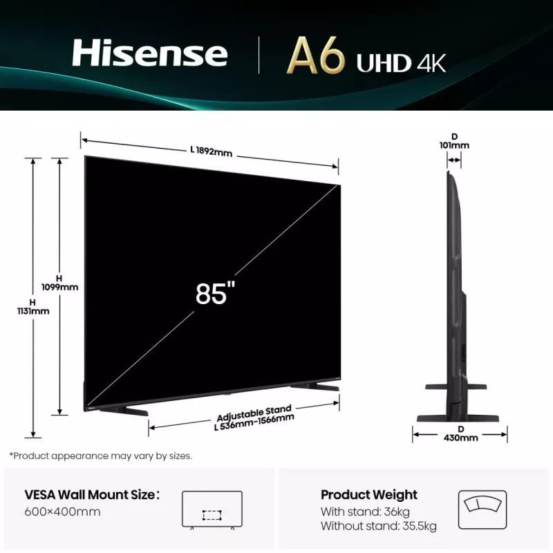 Hisense 85A6Q televizors 2,16 m (85 collas) 4K Ultra HD Smart TV Wi-Fi melns 400 cd/m²