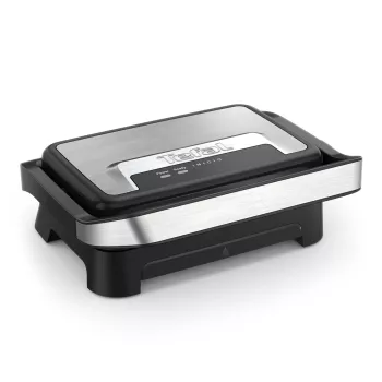 Kontakta grils Tefal Inicio Compact GC270D10 — taisnstūra 1000W, restes virsma, melns/nerūsējošs tērauds