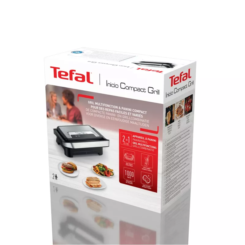 Kontakta grils Tefal Inicio Compact GC270D10 — taisnstūra 1000W, restes virsma, melns/nerūsējošs tērauds