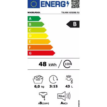Veļas mašīna ar augšējo ielādi WHIRLPOOL TDLRBX 6252BS EU — 6 kg, 1200 apgr./min, B energoklase, 900×400×600 mm, balta