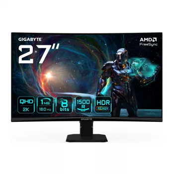 GIGABYTE GS27QCA 27 collu QHD izliekts spēļu monitors - 2560 x 1440, 180Hz, 1ms, 250 cd/m², FreeSync, HDR Ready, HDMI 2.0, Displayport 1.4