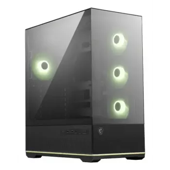 PC korpuss MSI MAG PANO 110R PZ Midi Tower — rūdīts stikls, ATX, 3x120mm priekšējie ventilatori, USB-C, atbalsta 360mm radiatorus