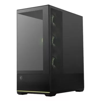 PC korpuss MSI MAG PANO 110R PZ Midi Tower — rūdīts stikls, ATX, 3x120mm priekšējie ventilatori, USB-C, atbalsta 360mm radiatorus