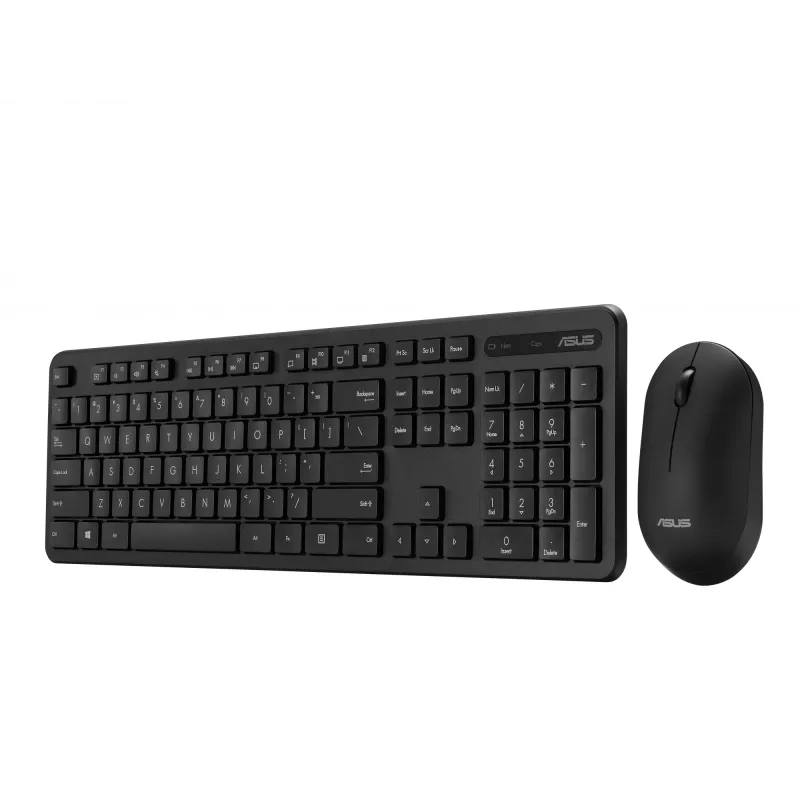Bezvadu tastatūras un peles komplekts ASUS CW100 — US izkārtojums, melns, pilna izmēra QWERTY tastatūra, 1600 DPI pele