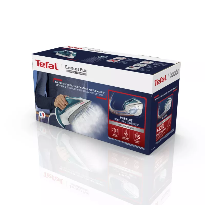 Tefal EasyGliss Plus FV5718 gludeklis sausai un tvaika gludināšanai, Durilium zole, 2400 W, tirkīza, balts