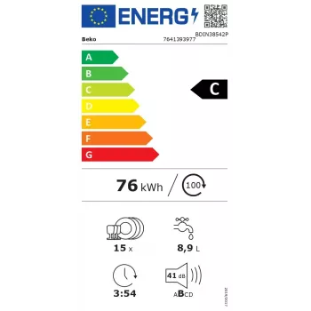 BEKO BDIN38542P iebūvējamā trauku mazgājamā mašīna, 60 cm, 15 komplekti, balta