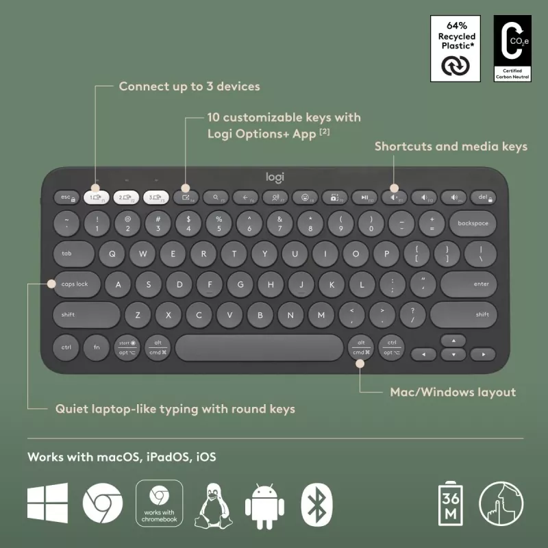 Logitech Pebble Keys 2 K380s bezvadu tastatūra RF Bluetooth QWERTY US International Graphite