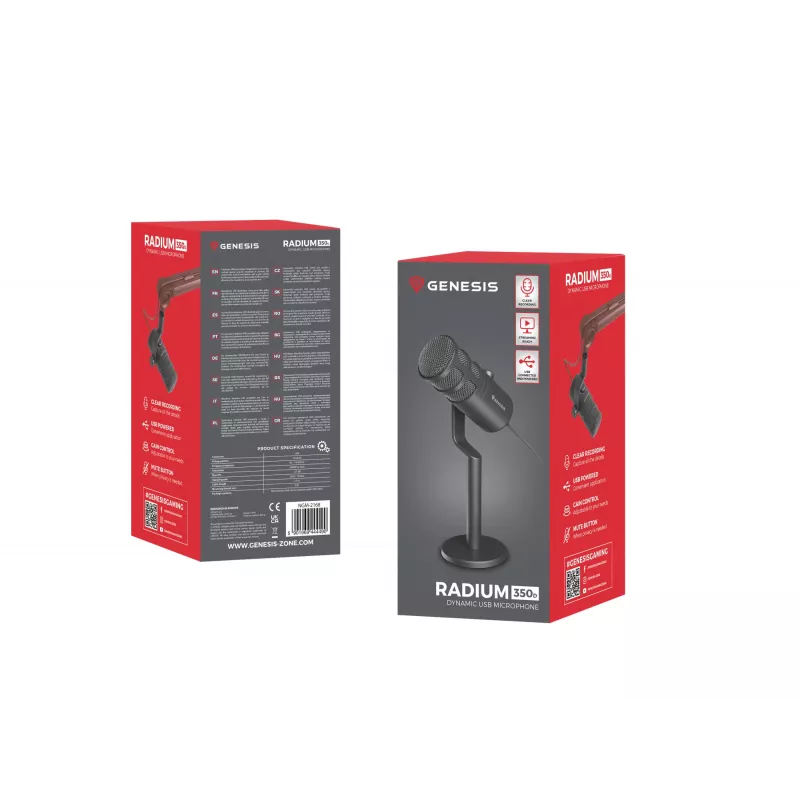 Vadu datora mikrofons GENESIS Radium 350D — USB Type-A/Type-C, -48 dB jutība, 16–14000 Hz, 2.5 m kabelis, melns