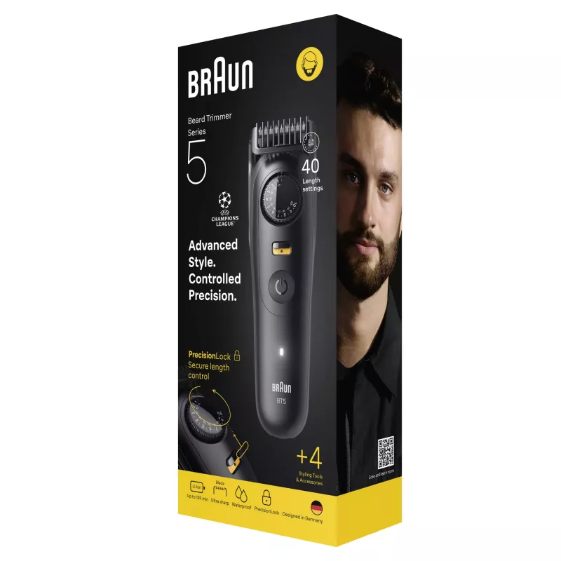 Bārdas trimmeris BRAUN BT5520 — 0,5–20 mm, 40 garuma pakāpieni, uzlādējams, 120 min akumulators, melns