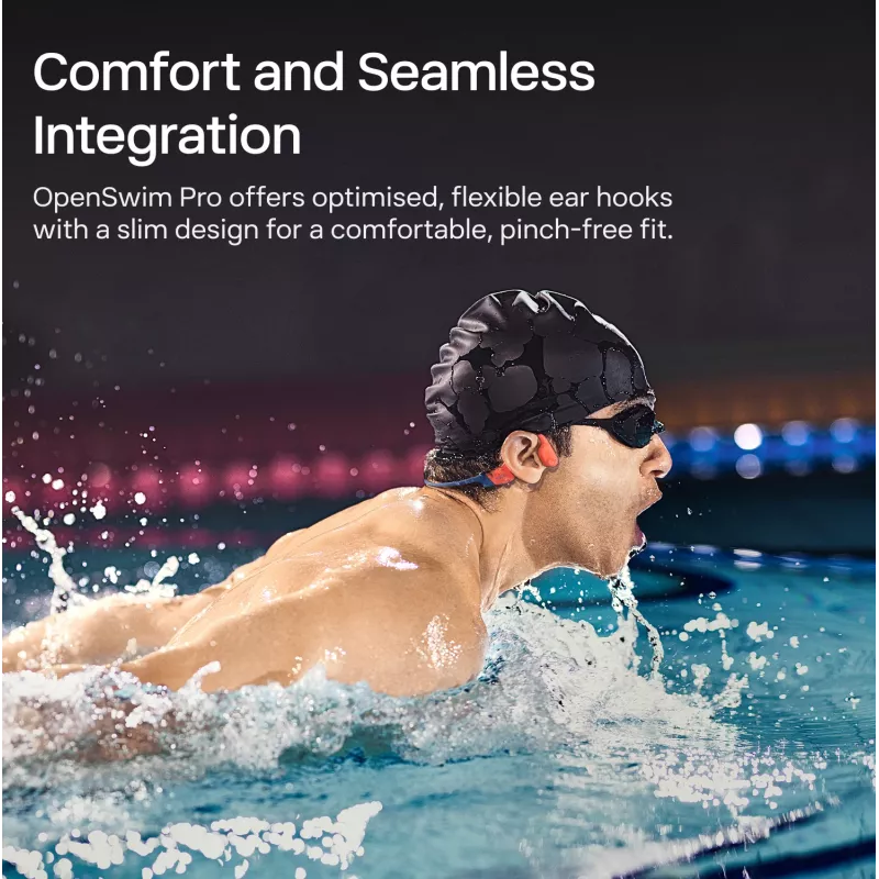 Austiņas Shokz OpenSwim Pro — atvērtā tipa kaulu vadības bezvadu austiņas, IP68 ūdensizturīgas, Bluetooth 5.4, 32 GB, 9 h atskaņošana, pelēka