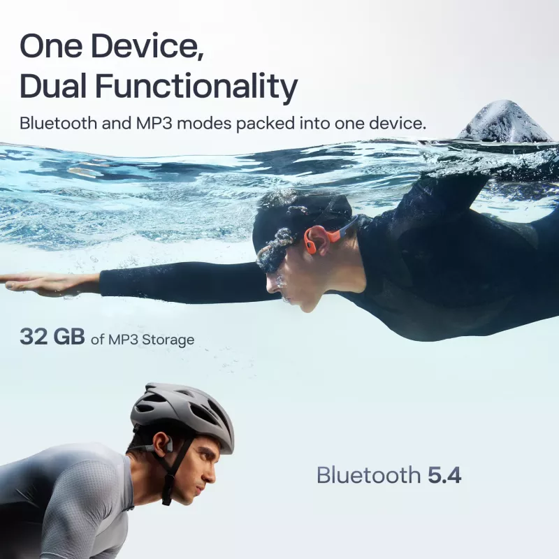 Austiņas Shokz OpenSwim Pro — atvērtā tipa kaulu vadības bezvadu austiņas, IP68 ūdensizturīgas, Bluetooth 5.4, 32 GB, 9 h atskaņošana, pelēka