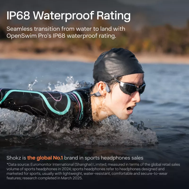 Austiņas Shokz OpenSwim Pro — atvērtā tipa kaulu vadības bezvadu austiņas, IP68 ūdensizturīgas, Bluetooth 5.4, 32 GB, 9 h atskaņošana, pelēka