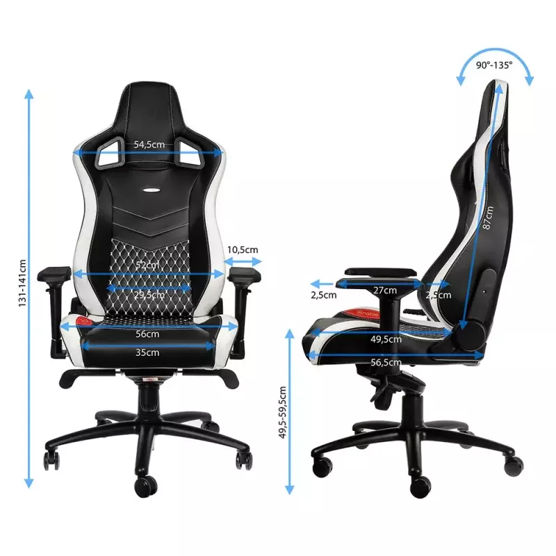 Spēļu krēsls noblechairs EPIC — polsterēts sēdeklis, maks. slodze 120 kg, augstums 131–141 cm, sēdekļa platums 56 cm, riteņi