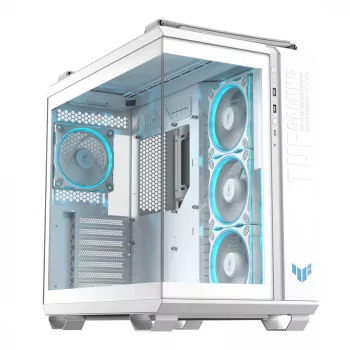 PC korpuss ASUS TUF GAMING GT502 Horizon TG ARGB Balts — Midi Tower, ATX, rūdīts stikls, 4×3.5 collu vietas, max GPU 400 mm
