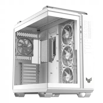 PC korpuss ASUS TUF GAMING GT502 Horizon TG ARGB Balts — Midi Tower, ATX, rūdīts stikls, 4×3.5 collu vietas, max GPU 400 mm