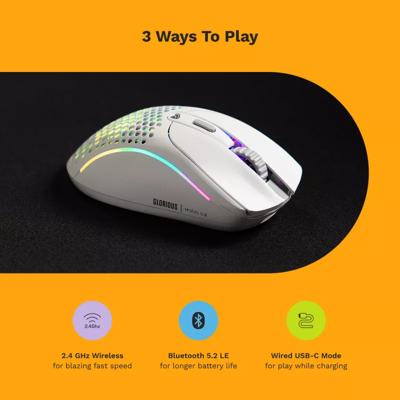 Glorious Gaming Glorious Model D 2 Wireless - Mati Balts, Labā roka, RF Bezvadu, 19000 DPI, Balts