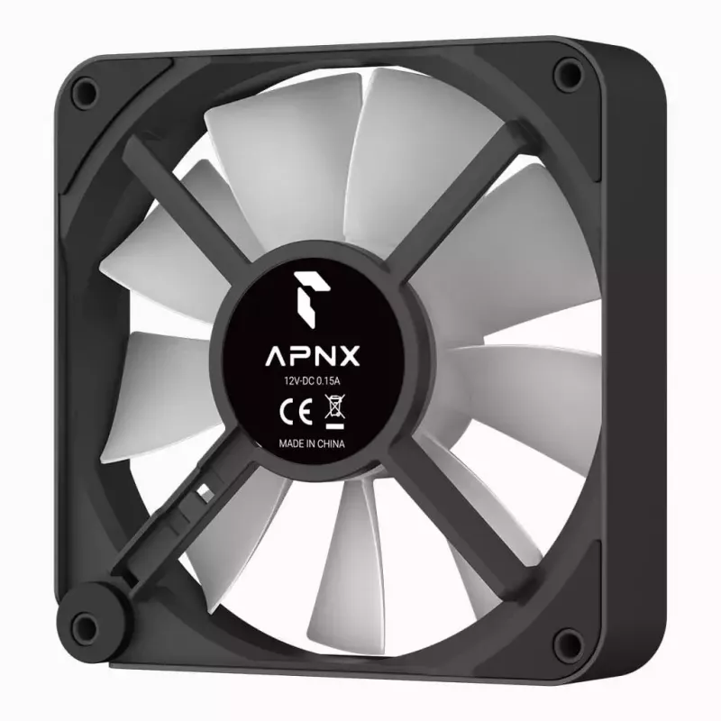 APNX FP2-120 PWM ARGB datora korpusa ventilators, 120 mm, 500–1800 apgr./min, 83,85 CFM, 34,8 dB, melns