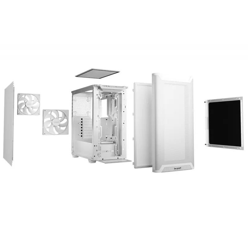 PC korpuss be quiet! PURE BASE 501 Airflow Midi Tower Balts — ATX, 3×140mm priekšā, 1×140mm aizmugurē, 5×2.5 collu, 2×3.5 collu, USB‑C, PWM atbalsts