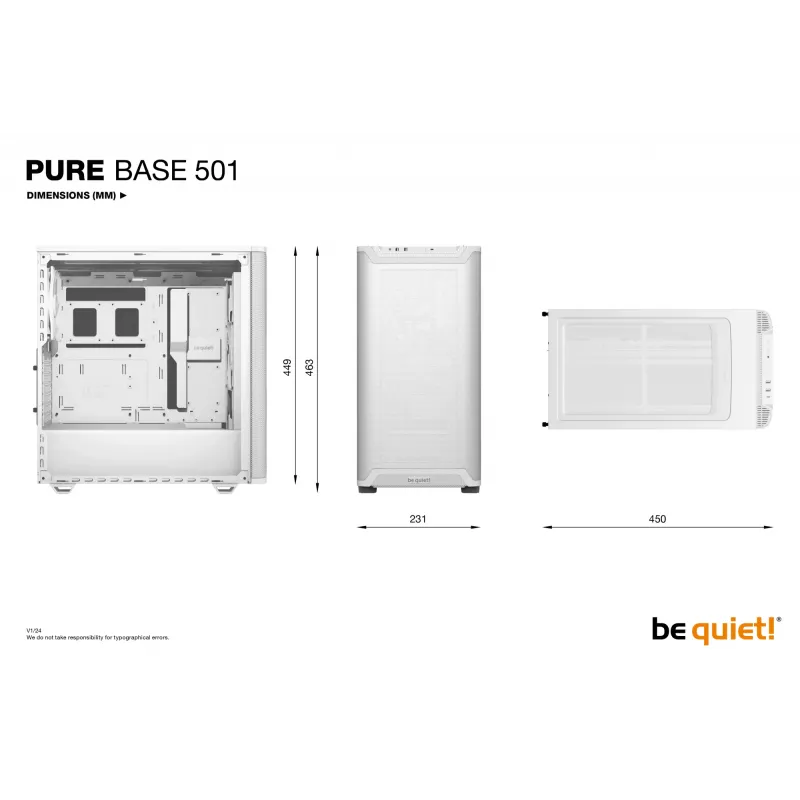 PC korpuss be quiet! PURE BASE 501 Airflow Midi Tower Balts — ATX, 3×140mm priekšā, 1×140mm aizmugurē, 5×2.5 collu, 2×3.5 collu, USB‑C, PWM atbalsts