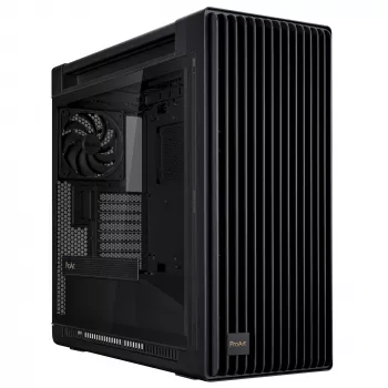 PC korpuss ASUS ProArt PA602 Midi Tower Melns — ATX/EATX atbalsts, rūdīts stikls, 2x200mm priekšējie ventilatori, 360mm augšējais radiators, GPU līdz 450mm