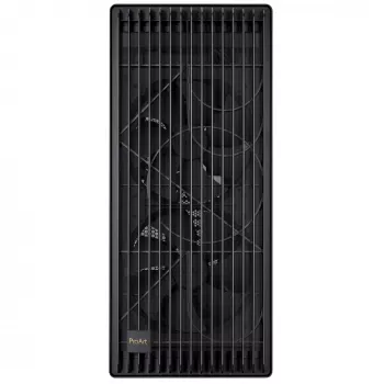 PC korpuss ASUS ProArt PA602 Midi Tower Melns — ATX/EATX atbalsts, rūdīts stikls, 2x200mm priekšējie ventilatori, 360mm augšējais radiators, GPU līdz 450mm