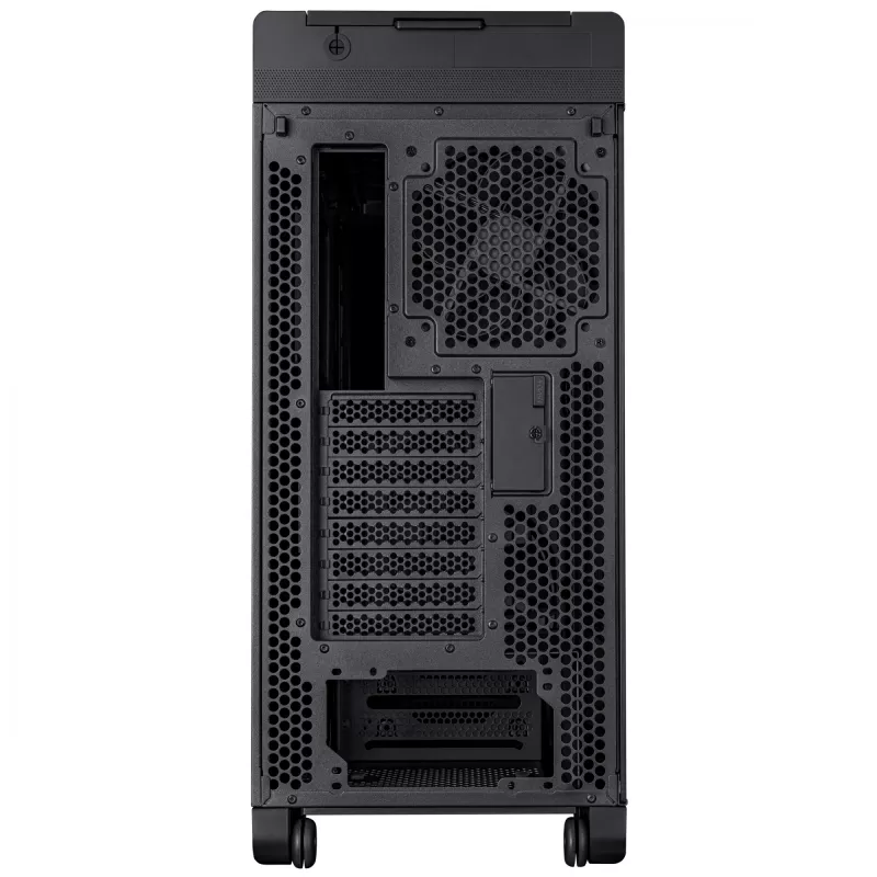 PC korpuss ASUS ProArt PA602 Midi Tower Melns — ATX/EATX atbalsts, rūdīts stikls, 2x200mm priekšējie ventilatori, 360mm augšējais radiators, GPU līdz 450mm