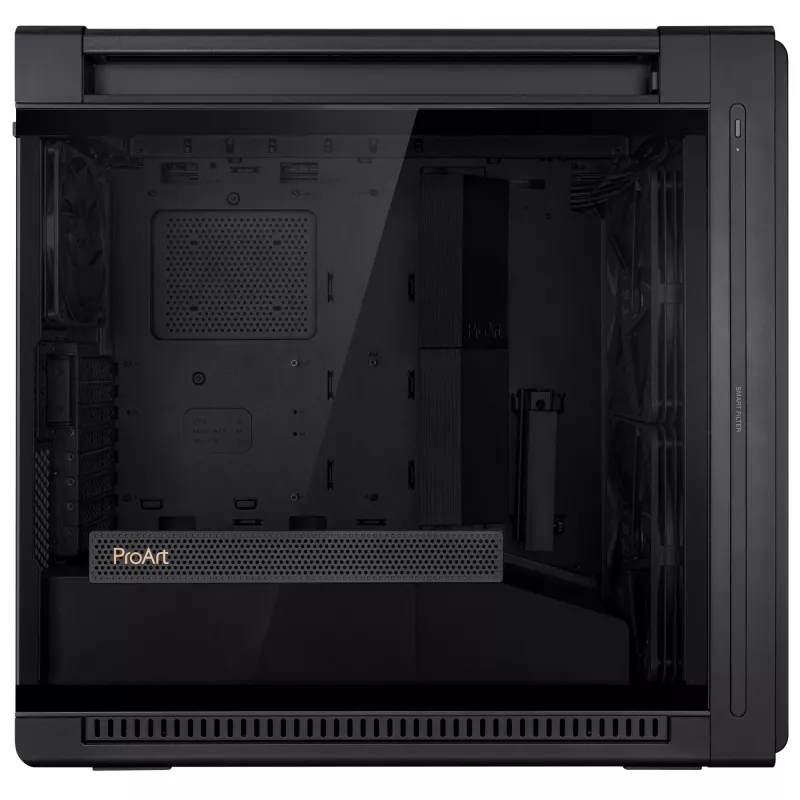 PC korpuss ASUS ProArt PA602 Midi Tower Melns — ATX/EATX atbalsts, rūdīts stikls, 2x200mm priekšējie ventilatori, 360mm augšējais radiators, GPU līdz 450mm