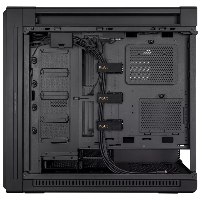 PC korpuss ASUS ProArt PA602 Midi Tower Melns — ATX/EATX atbalsts, rūdīts stikls, 2x200mm priekšējie ventilatori, 360mm augšējais radiators, GPU līdz 450mm
