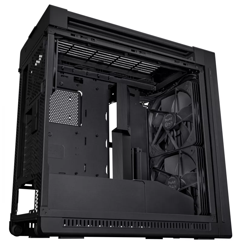 PC korpuss ASUS ProArt PA602 Midi Tower Melns — ATX/EATX atbalsts, rūdīts stikls, 2x200mm priekšējie ventilatori, 360mm augšējais radiators, GPU līdz 450mm