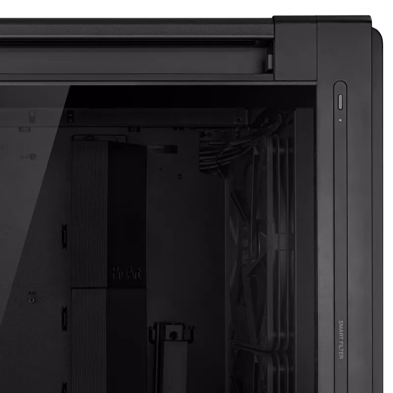 PC korpuss ASUS ProArt PA602 Midi Tower Melns — ATX/EATX atbalsts, rūdīts stikls, 2x200mm priekšējie ventilatori, 360mm augšējais radiators, GPU līdz 450mm