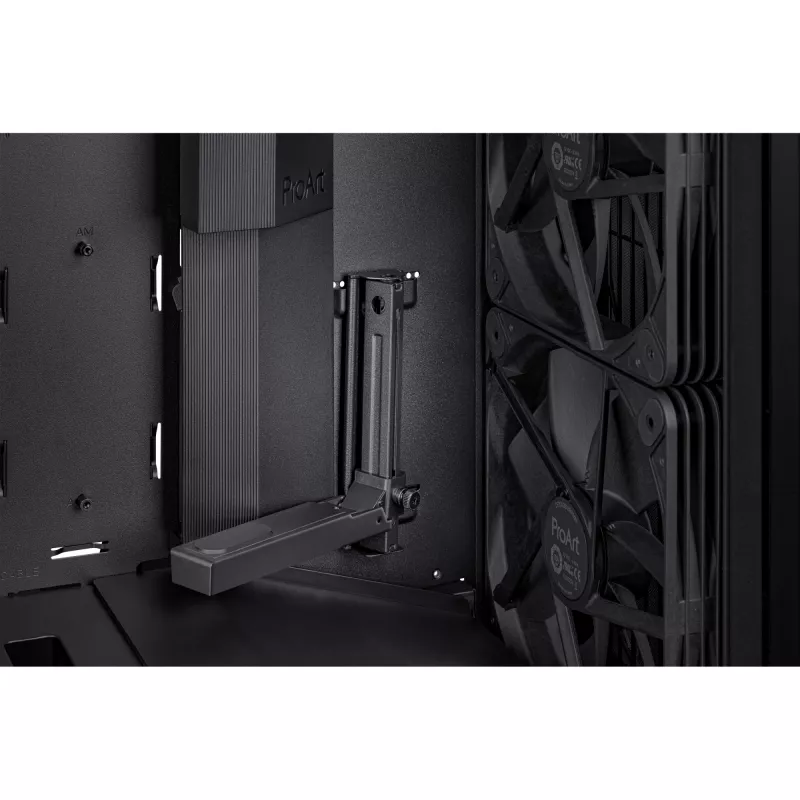PC korpuss ASUS ProArt PA602 Midi Tower Melns — ATX/EATX atbalsts, rūdīts stikls, 2x200mm priekšējie ventilatori, 360mm augšējais radiators, GPU līdz 450mm