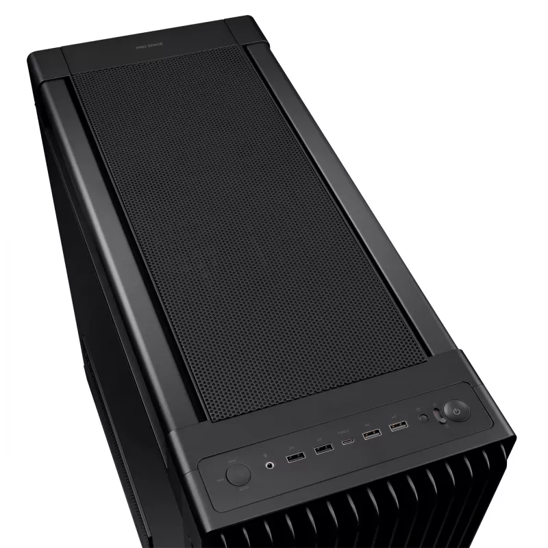 PC korpuss ASUS ProArt PA602 Midi Tower Melns — ATX/EATX atbalsts, rūdīts stikls, 2x200mm priekšējie ventilatori, 360mm augšējais radiators, GPU līdz 450mm