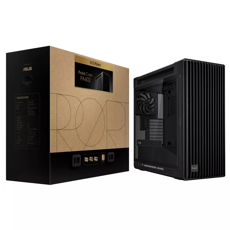 PC korpuss ASUS ProArt PA602 Midi Tower Melns — ATX/EATX atbalsts, rūdīts stikls, 2x200mm priekšējie ventilatori, 360mm augšējais radiators, GPU līdz 450mm