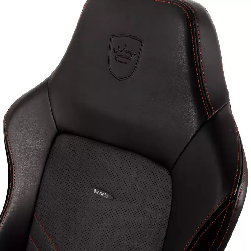 Spēļu krēsls noblechairs Hero PU Āda — Ar gaisa pildījumu sēdeklis, polsterēta atzveltne, melns sēdeklis, 137 cm augstums, 150 kg ietilpība