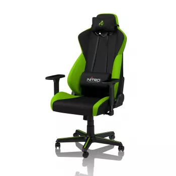 Spēļu krēsls Nitro Concepts S300 — auduma sēdeklis, regulējams augstums 128–140 cm, atzveltnes platums 56 cm, melns/zaļš