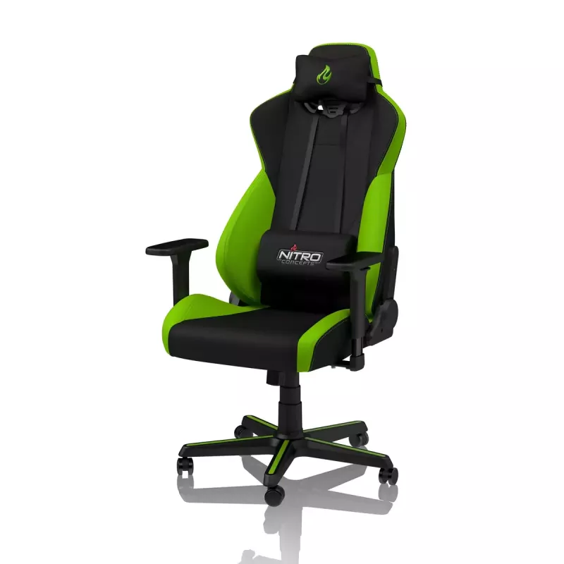 Spēļu krēsls Nitro Concepts S300 — auduma sēdeklis, regulējams augstums 128–140 cm, atzveltnes platums 56 cm, melns/zaļš