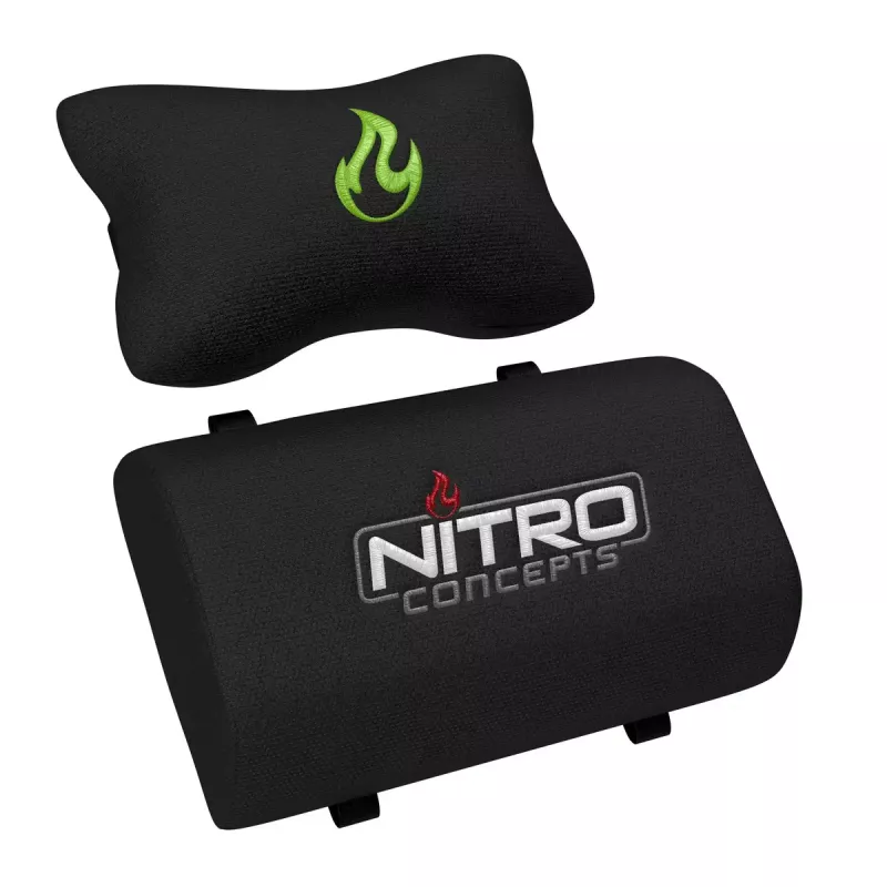 Spēļu krēsls Nitro Concepts S300 — auduma sēdeklis, regulējams augstums 128–140 cm, atzveltnes platums 56 cm, melns/zaļš
