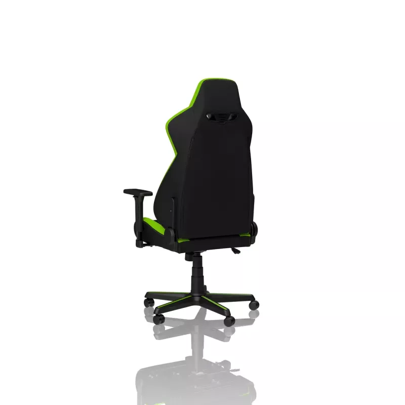 Spēļu krēsls Nitro Concepts S300 — auduma sēdeklis, regulējams augstums 128–140 cm, atzveltnes platums 56 cm, melns/zaļš