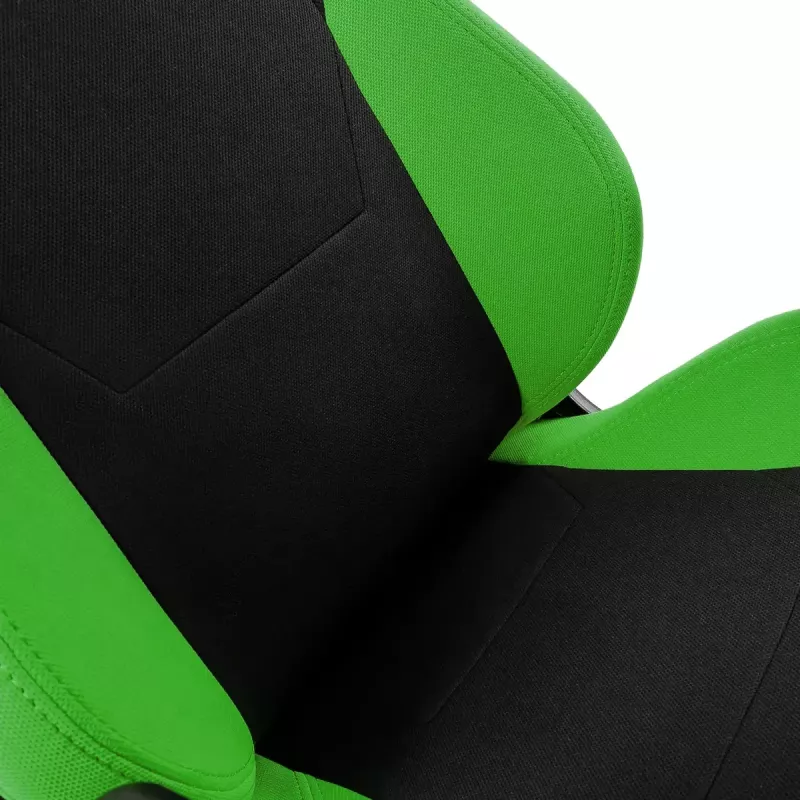 Spēļu krēsls Nitro Concepts S300 — auduma sēdeklis, regulējams augstums 128–140 cm, atzveltnes platums 56 cm, melns/zaļš