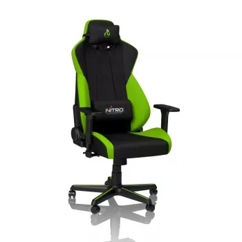 Spēļu krēsls Nitro Concepts S300 — auduma sēdeklis, regulējams augstums 128–140 cm, atzveltnes platums 56 cm, melns/zaļš